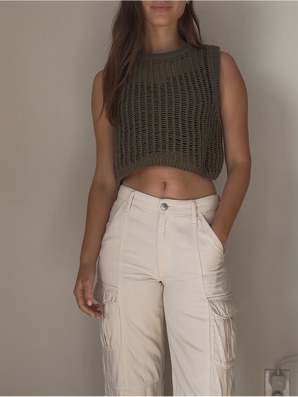 Sleeveless Crochet Crop Top in Olive Green + Top Underneath